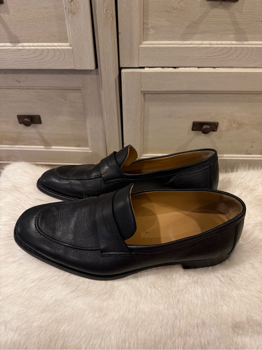 Men's Black Leather Penny Loafers - Classic Slip-On Dress Shoes